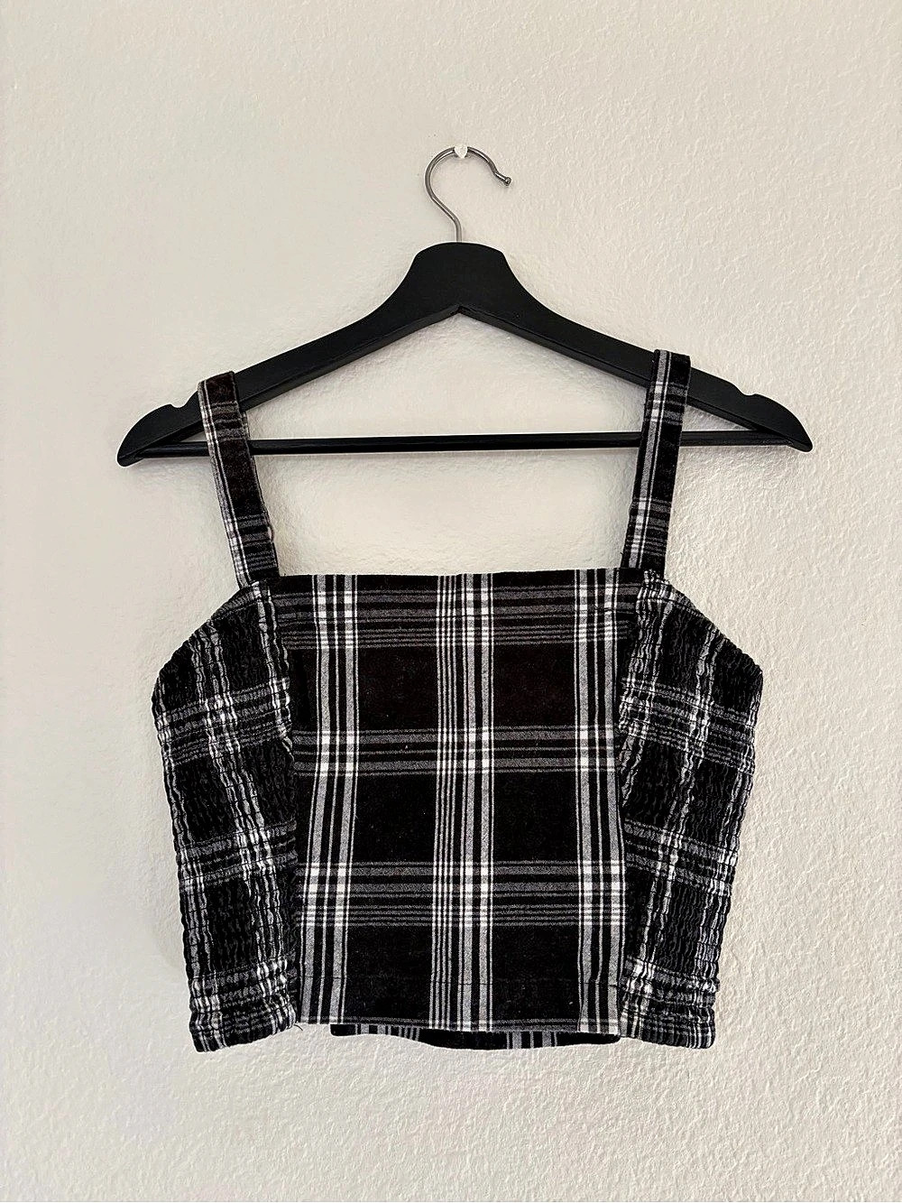 Hollister Black and White Plaid Smocked Cami Crop Top Black & White Plaid